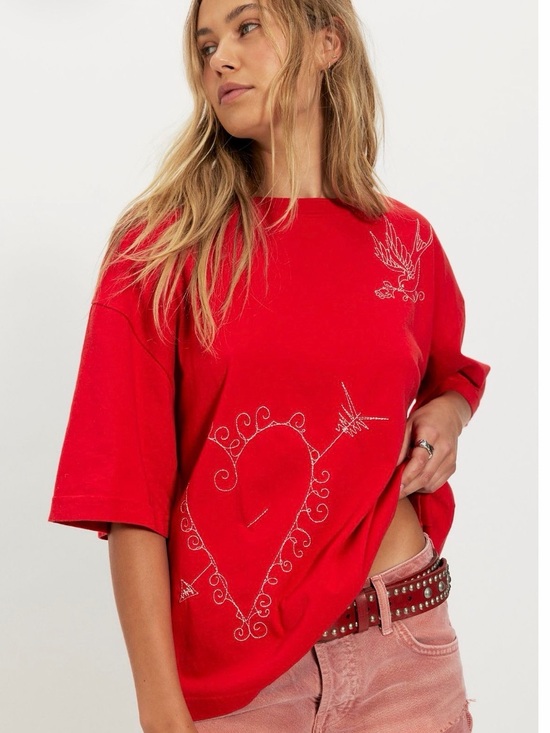 Free People Tops - NWT Free People x Ragabond More Amore Embroidered Tee. Size Medium. Red